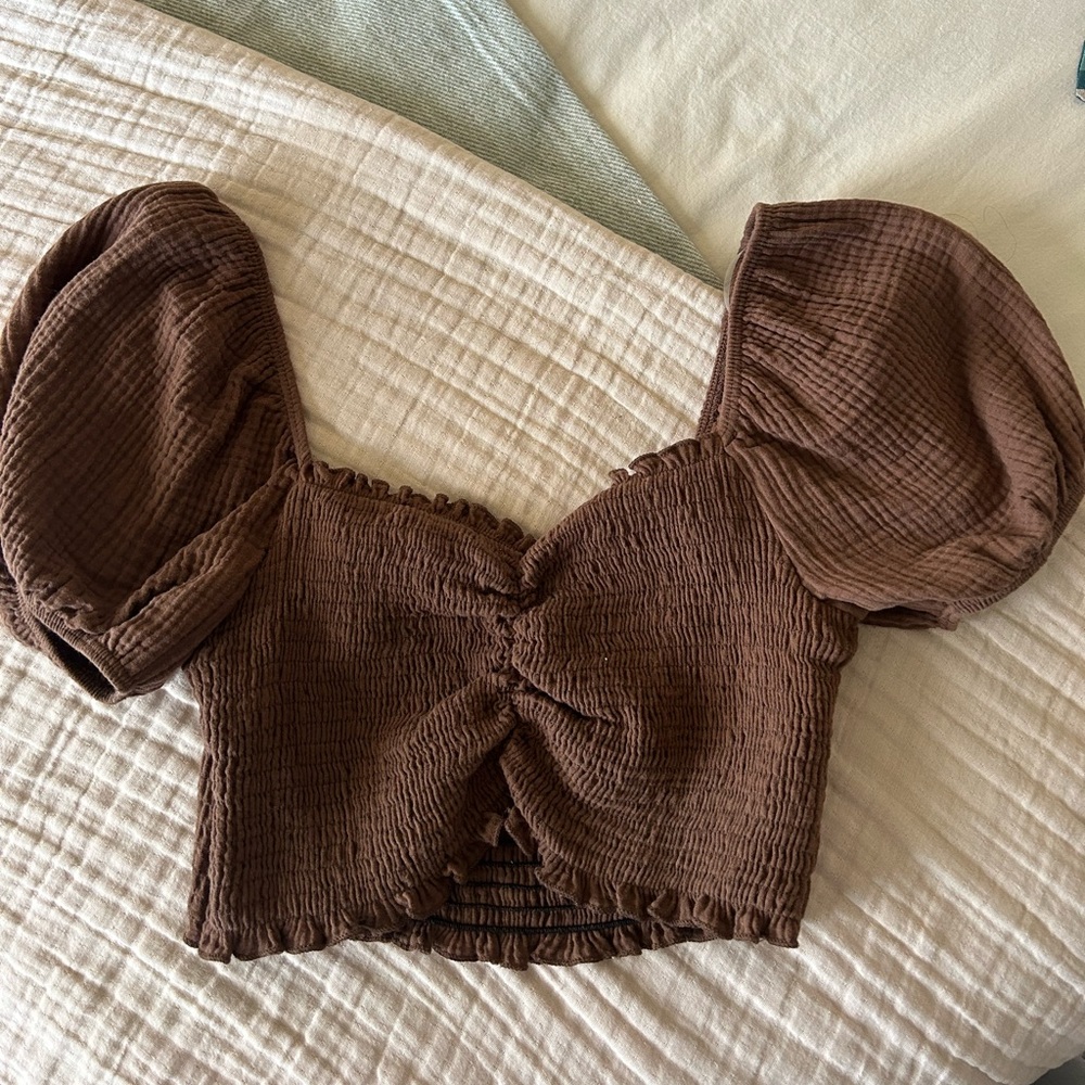 Altar’d Stats brown crop top, puffy sleeves